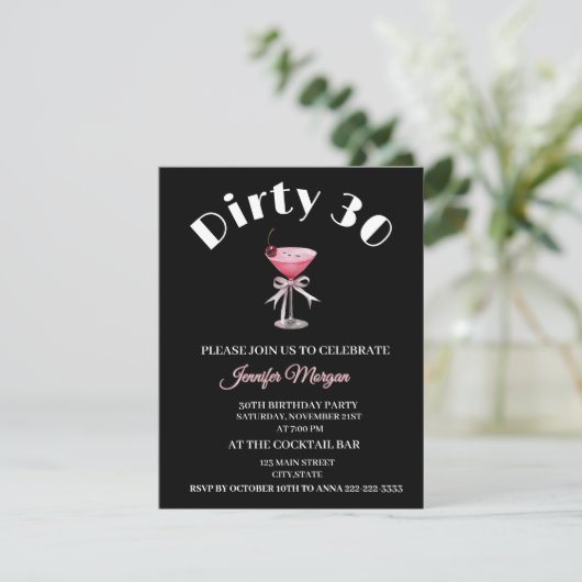 Dirty 30 Coquette Martini verjaardagsthema Invitat Kaart (Staand voorkant)