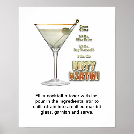Dirty Martini Cocktail Recipe Art 16"x20" Poster (Voorkant)