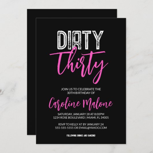 Dirty Thirty Modern 30th Birthday Invitation Kaart (Voorkant / Achterkant)