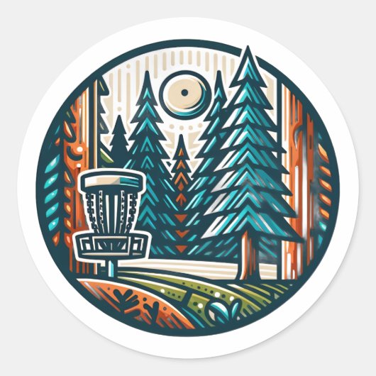 Disc Golf in de Bossen Retro Vibe Art Ronde Sticker (Voorkant)