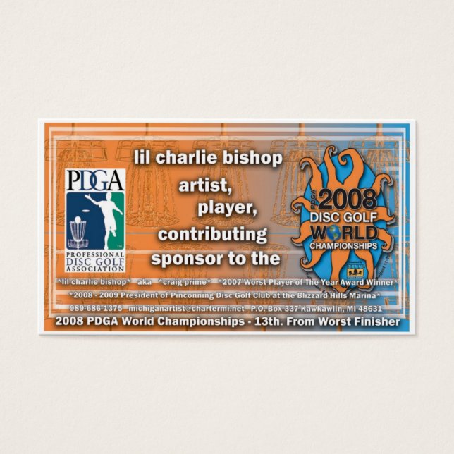 disc golfer Craig Prime's WORLDS 2008 debuut Visitekaartje (Voorkant)