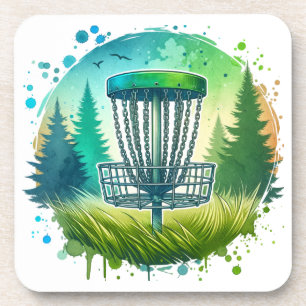 Disc golfmand en dennenbomen blauw en groen bier onderzetter