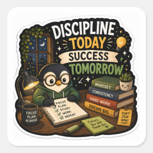 Discipline Vandaag, Succes Morgen – Studeren Pingu Vierkante Sticker