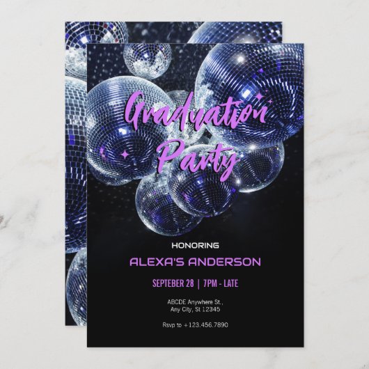 Disco bal afstudeerfeest kaart (Voorkant / Achterkant)