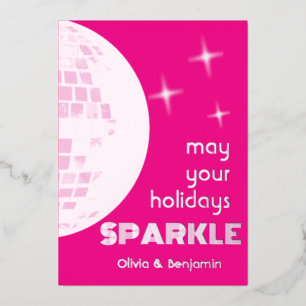 Disco Bal Glitter Folie Kerstkaart Hot Pink Feestdagenkaart