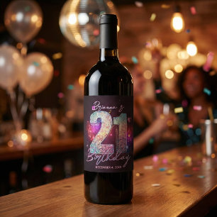 Disco Bal Muzieknotities Roze Paars 21e Verjaardag Wijn Etiket