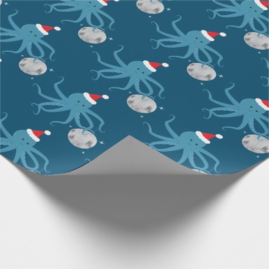 Disco Ball Blue Octopus Santa Hat Kerstmis Cadeaupapier (Hoek)