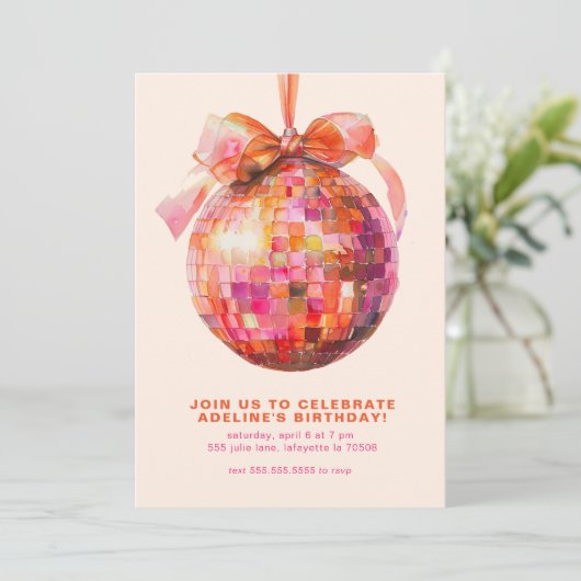 Disco Ball Coquette Bow Invitations de fête d'anni (Debout devant)