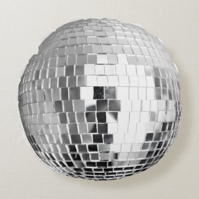 Disco Ball Pillow – Glanzend Zilver Rond Kussen vo (Voorkant)