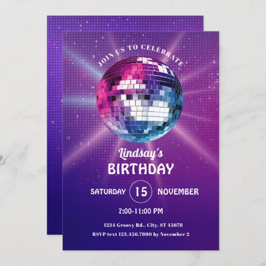 Disco Ball Retro Verjaardag Uitnodiging (Voorkant / Achterkant)