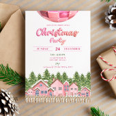 Disco Ball Village Pink Christmas Party Invitation