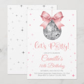 Disco ball with pink bow girl birthday kaart (Voorkant / Achterkant)