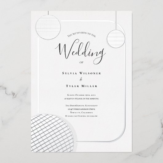 Disco Ball Zilveren Retro Bruiloft Folie Uitnodiging (Voorkant)