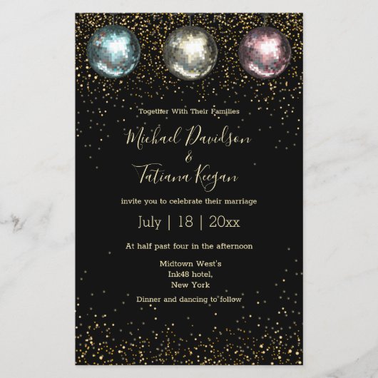 disco ballen zwart goud chic trouwkaart flyer (Voorkant)