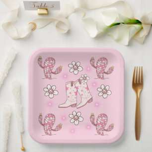 Disco Cowgirl Laars Cactus en Bloemen Papieren Bordje