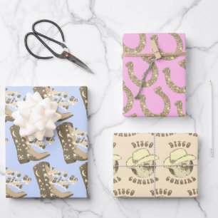 Disco Cowgirl Laars Hoefijzer Roze Blauw Beige Gou Inpakpapier Vel