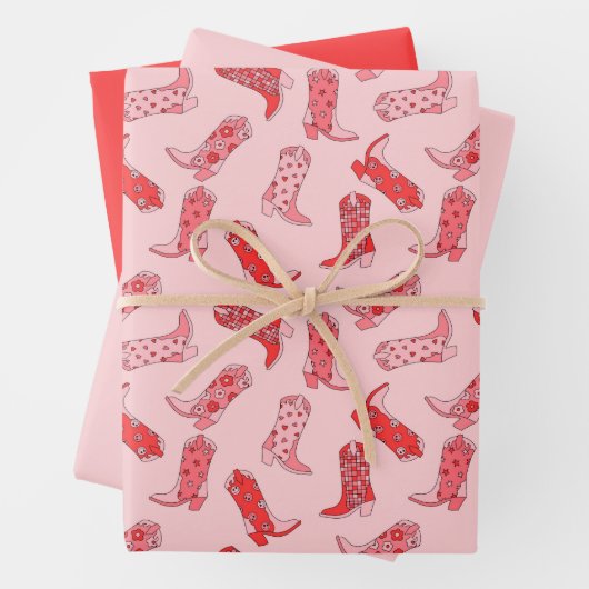 Disco Cowgirl Retro Roze & Rood Inpakpapier Set (In situ)
