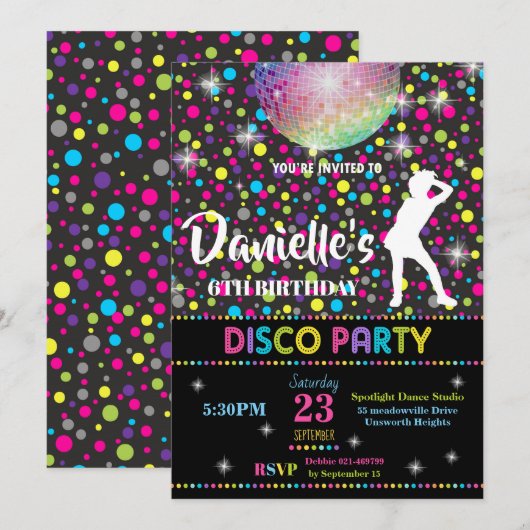 Disco Dance Birthday Party Invitation Girl Kaart (Voorkant / Achterkant)