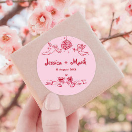 Disco Funky Hand Getekende Bruiloft Ronde Sticker