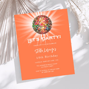 Disco party koraal sinaasappel verjaardagsuitnodig