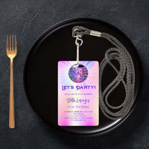 Disco party roze holografische verjaardag uitnodig badge