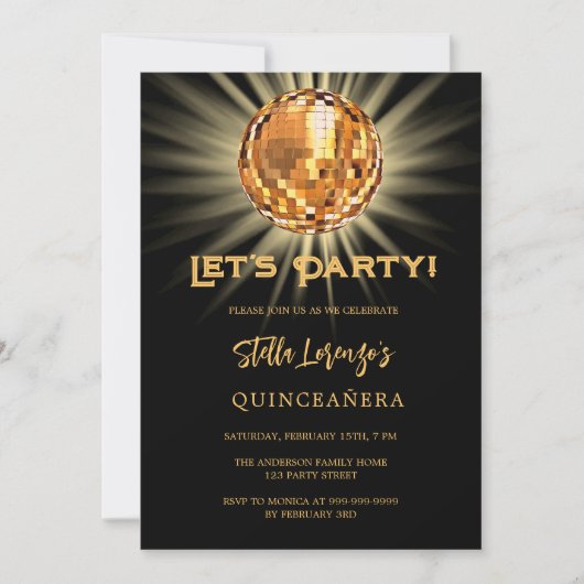Disco party zwart goud Quinceanera Kaart (Voorkant)