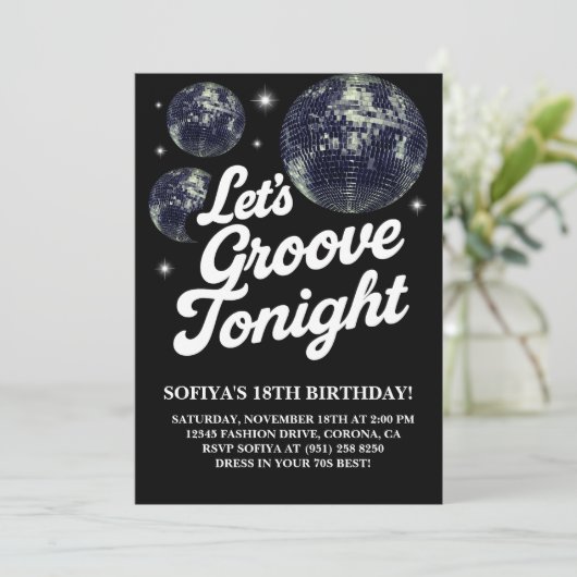 Disco verjaardagsfeest uitnodiging, 70s Groovy Kaart (Staand voorkant)