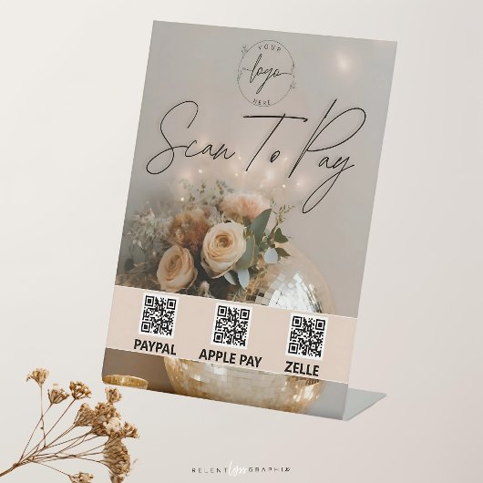 discobal | Boho Florals | QR-code | Betaalteken Reclamebord Met Voetstuk