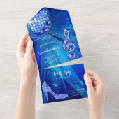 Discobal en hakken blauwe verjaardag all in one uitnodiging (Afscheurbaar)