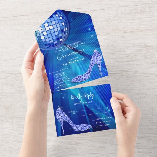 Discobal en hakken Blue Quinceañera All In One Uitnodiging (Afscheurbaar)