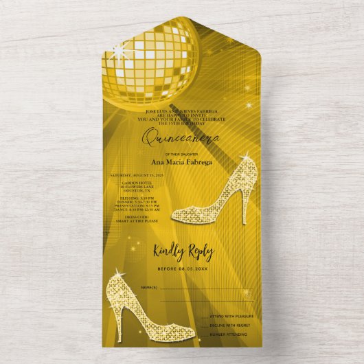 Discobal en hakken goud Quinceañera All In One Uitnodiging (Binnen)