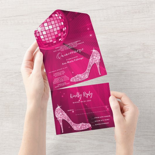 Discobal en hakken roze Quinceañera All In One Uitnodiging (Afscheurbaar)