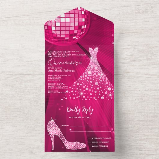 Discobal, Stiletto & baljurk Roze Quinceañera All In One Uitnodiging (Binnen)