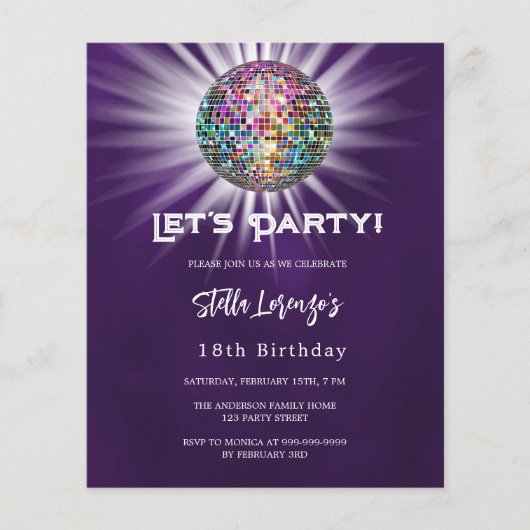 Discofeest paarse verjaardagsuitnodiging (Voorkant)