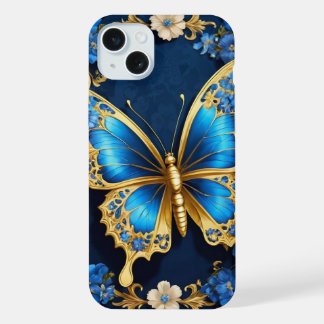 Diseño Elegante de Mariposa Dorada y Azul iPhone 15 Plus Case