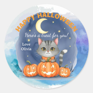 Diseño halloween gato y calabazas personalizable   ronde sticker