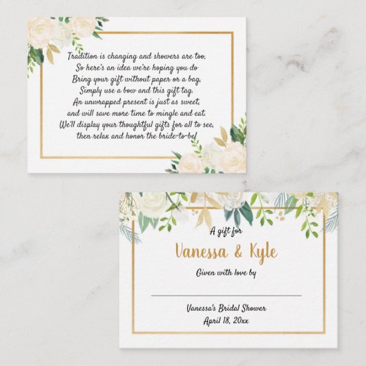 Display vrijgezellenfeest, witgouden bloemengroen informatiekaartje (Voorkant / Achterkant)