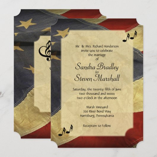 Distressed American Flag Music Wedding Invitations (Devant / Derrière)