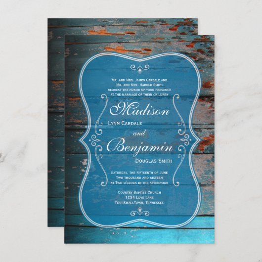 Distressed Blue Wood Rustic Wedding Invitations (Devant / Derrière)