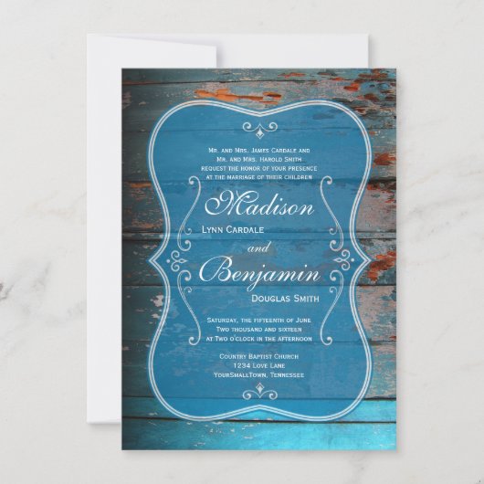 Distressed Blue Wood Rustic Wedding Invitations (Devant)