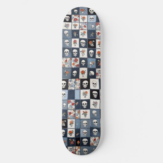 Distressed Denim Patchwork Skulls Floral Skateboard (Voorkant)
