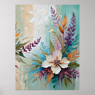 Distressed Kleurrijke Bloemen op Blauw Beige Wit Poster