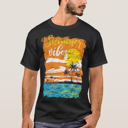 Distressed Summer Vibes Retro Sunset Beach Palm Tr T-shirt (Voorkant)