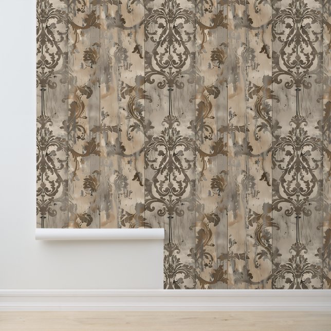 Distressed Wood Damask  Behang (Applicatie)