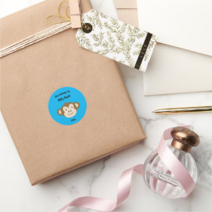 Dit behoort tot Back to School Monkey Face Blue Ronde Sticker