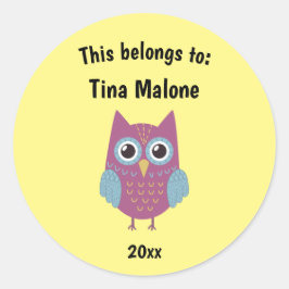Dit behoort tot Back to School Paars Owl Yellow Ronde Sticker