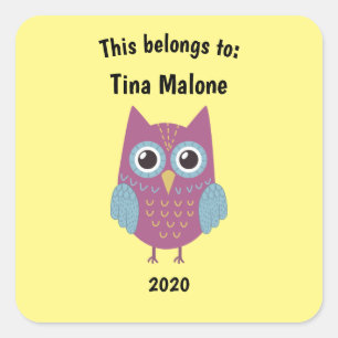 Dit behoort tot Back to School Paars Owl Yellow Vierkante Sticker