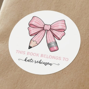 Dit boek is van Pink Cute School Pencil Bow  Ronde Sticker