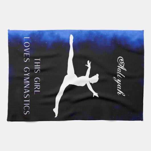 Dit meisje houdt van Gymnastiek zwart, blauw, wit Theedoek (Horizontaal)