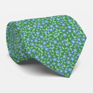 Ditsy Bright Blue Periwinkles op Green Floral Stropdas